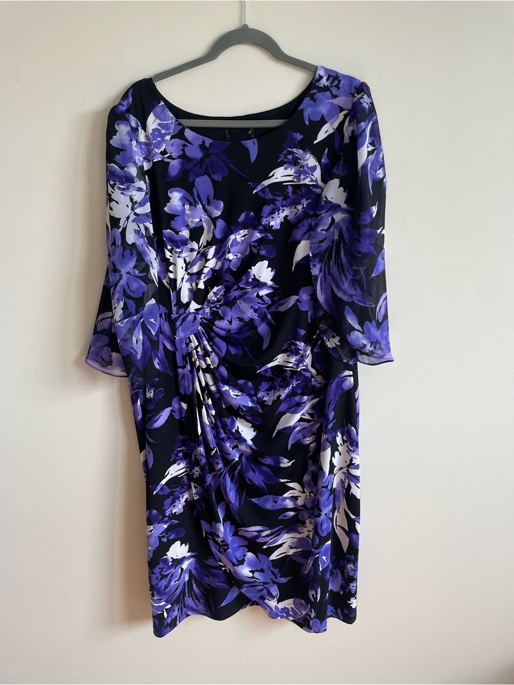 Purple Floral Ruched Midi Dress Size 20 | Sheer Flutter Sleeves